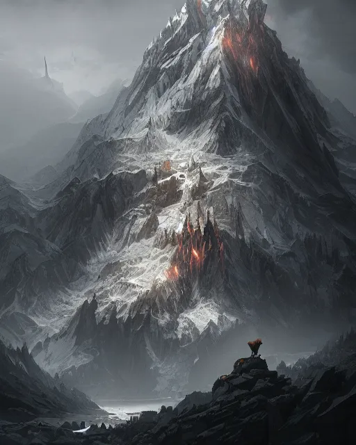 Prompt: a huge mountain in the shape of a wolf, terrifying, environment art, fantasy art, landscape art, in the style of greg rutkowski, illustration, epic, fantasy, intricate, hyper detailed, artstation, concept art, smooth, sharp focus, ray tracing