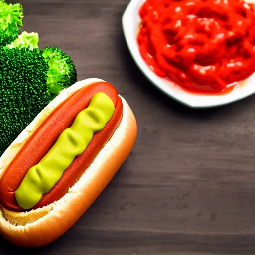 Prompt: photo shoot portrait of a delicious hot dog with broccoli and lays chips, mustard, ketchup, uhd, 8k,