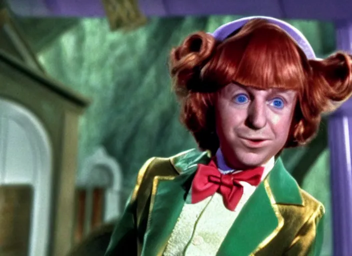 Prompt: film still of Donald Trump as Peter Pan in Willy Wonka's and the Chocolate Factory 1971