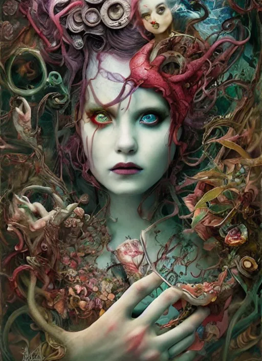 Image similar to alice in wonderland, medusa, highly detailed, cinematic, 8 k, by megan duncanson, benjamin lacombe, adrian borda, stanley artgermm, tom bagshaw, craig mullins, carne griffiths, ayami kojima, beksinski, giger, trending on deviantart, hyper detailed, horror, full of colour