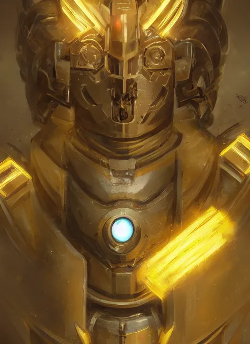 Image similar to dynamic head-on abstract portrait of a intricate glorious holy mechanical warforged character in yellow armor holding a paladin engraved great longsword drawn and carrying a big paladin shield, beam glowing eye , face in focus, epic , trending on ArtStation, masterpiece, cinematic lighting, by Ross Tran and by Greg Rutkowski