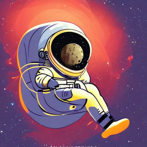 Image similar to juxtapoz illustration of an astronaut drifting in space staring at the earth