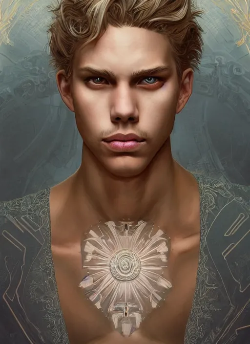 Prompt: symmetry!! austin butler, male, machine parts embedded into face, intricate, elegant, highly detailed, digital painting, artstation, concept art, smooth, sharp focus, illustration, art by artgerm and greg rutkowski and alphonse mucha, 8 k