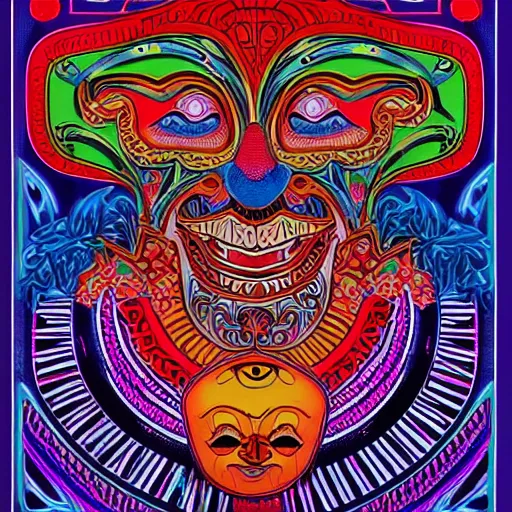 Prompt: Fillmore concert poster for The Bozone by Wes Wilson and Rick Griffin, psychedelic, intricate paisley filigree Bozo the clown. red clown nose, mandala, day-glo colors, blue and white color scheme, flowing lettering