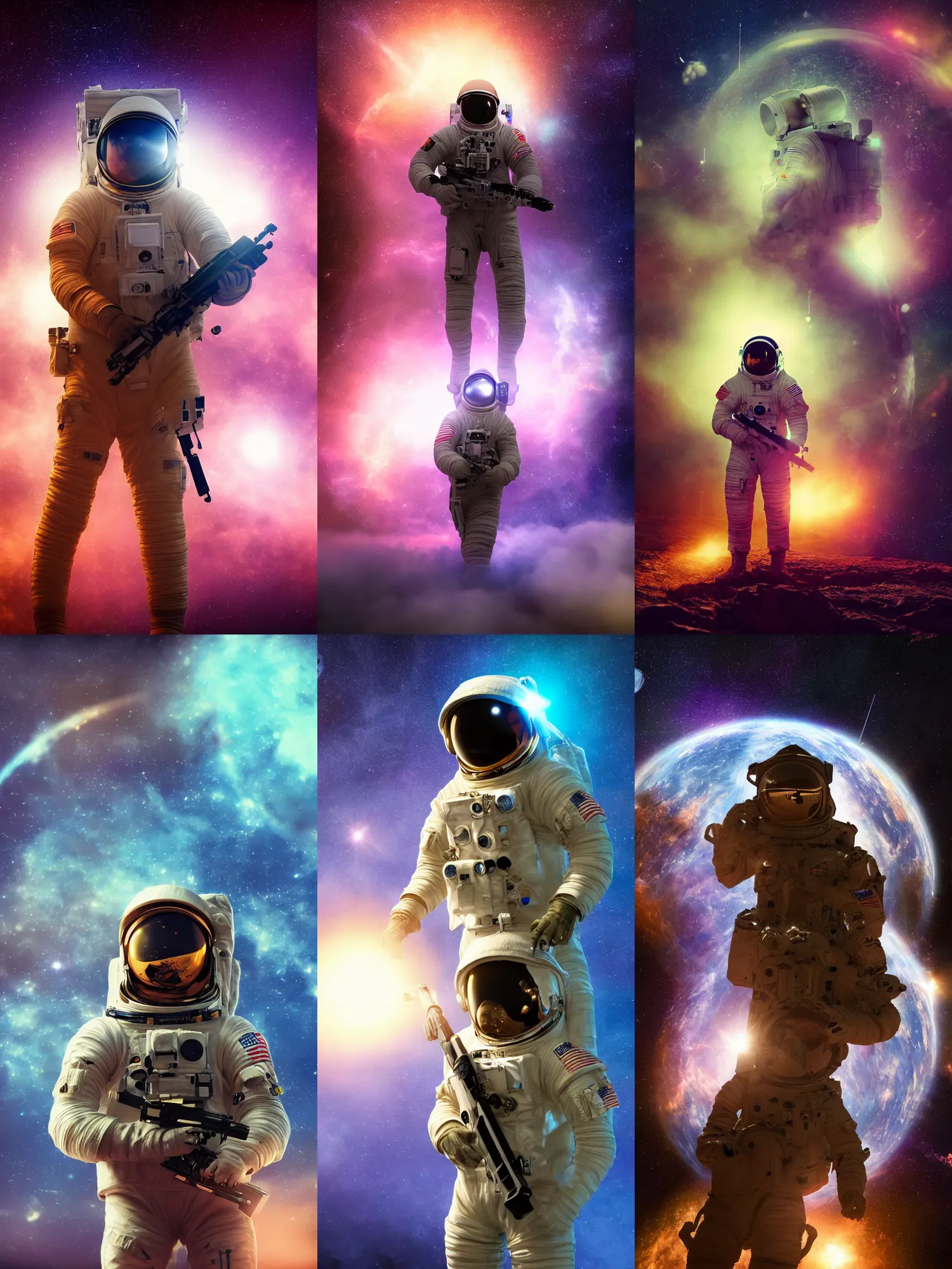 Prompt: high detail portrait of an astronaut-soldier holding an assault rifle floating in space inside magic colorful glowing sparkling fog, circular planet behind it, starry sky, tranquil, desolate, atmospheric, hazy, autochrome, 8k, reflections, octane render, unreal engine 5