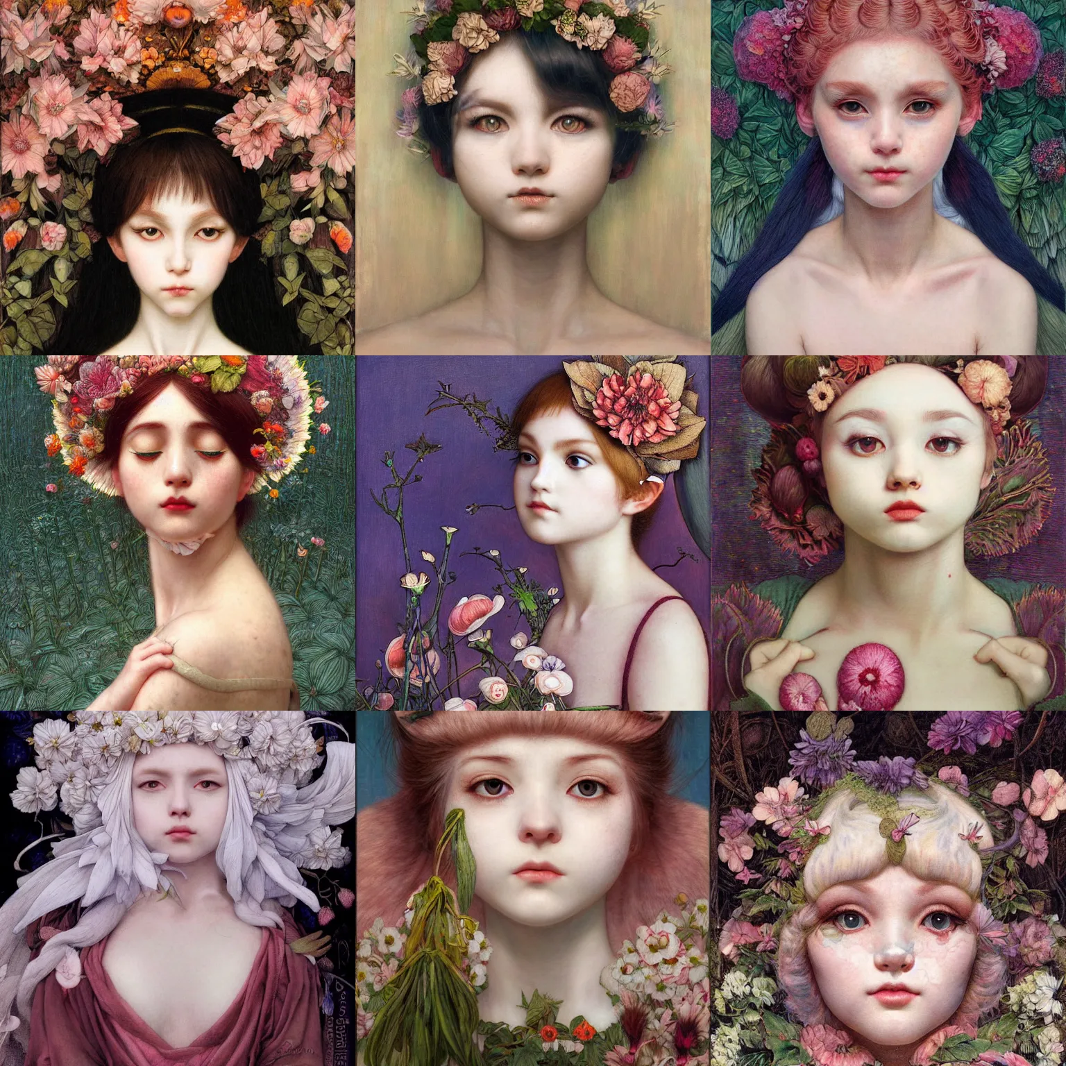 Image similar to white cat girl, botanical, portrait face, colorful, frantisek kupka, intricate, miles johnston, kuroda seiki, cynical realism, ozabu, john william godward, painterly, yoshitaka amano, moebius, miles johnston, louise zhang, james jean, mark ryden lowbrow pop surrealism art style