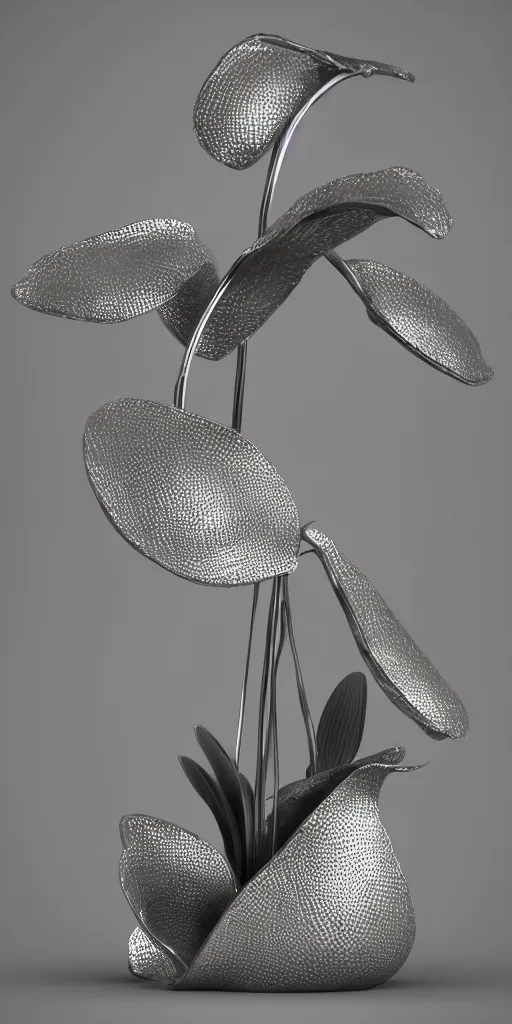 Image similar to 3 d render of an orchid sculpture, chrometype, liquid metal, neotribal, raytraced, volumetric lightning, 8 k, innate studio