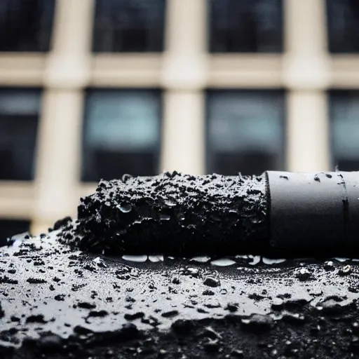 Image similar to mysterious black slime, black gooey liquid covering city buildings, buildings covered in black liquid rubber, apocalyptic, ruined, 8 5 mm f / 1. 4