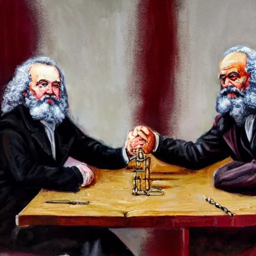 Prompt: oil painting of karl marx and emmanuel macron arm wrestling