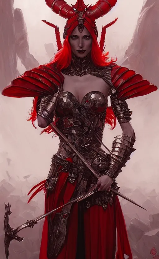 Image similar to Gothic crustacean muscular masculine-featured warrior queen in red and white chitin armor, fantasy, highly detailed, digital painting, artstation, concept art, smooth, sharp focus, illustration, art by artgerm and greg rutkowski and alphonse mucha