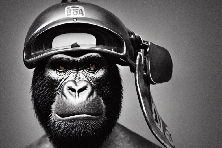 Prompt: a highly detailed cinematic headshot portrait photograph of a sad gorilla in a baseball batting helmet, ultra realistic, depth, beautiful lighting, by richard avedon and annie leibovitz and arnold newman, photorealistic, hyperrealistic, octane, epic composition, hasselblad camera, 5 0 mm, sharp focus, kodak tri - x 3 5 mm, masterpiece