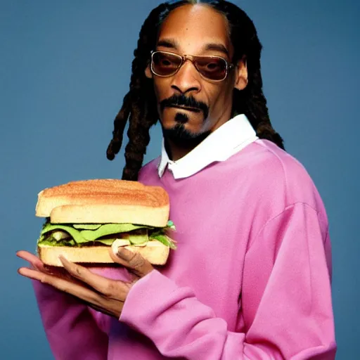Image similar to Snoop Dogg holding a ham sandwich for a 1990s sitcom tv show, Studio Photograph, portrait, C 12.0