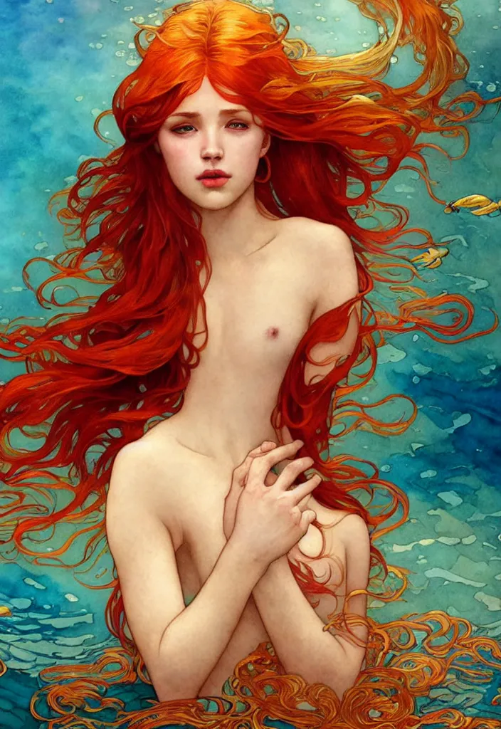 Image similar to beautiful watercolor painting of a red hair young queen under water, surrounded by long golden fish, intricate, elegant, highly detailed, digital painting, artstation, concept art, smooth, sharp focus, art by krenz cushart and artem demura and alphonse mucha, dynamic lighting, full body shot, ultrarealistic, cinematic, octane render, 8 k