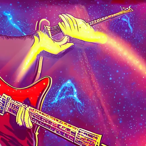 Image similar to a Trey Anastasio guitarist playing so intensely there is electricity shooting out from his guitar, energy beams under his finger tips, and magic sparkles from the freboard, amazing ditial art, trending on artstation, featured on deviantart