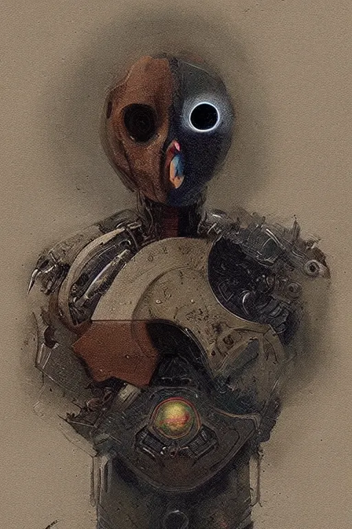 Prompt: “self portrait of a robot raven with beige armor in the style of a Macintosh II. Art by Greg Rutkowski and Beksinski. Trending on r/cassettefuturism.”