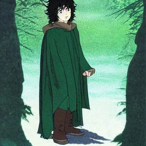 Image similar to peregrin took from the anime lord of the rings (1986), dark hair, green cape, hobbit, studio ghibli, very detailed, realistic