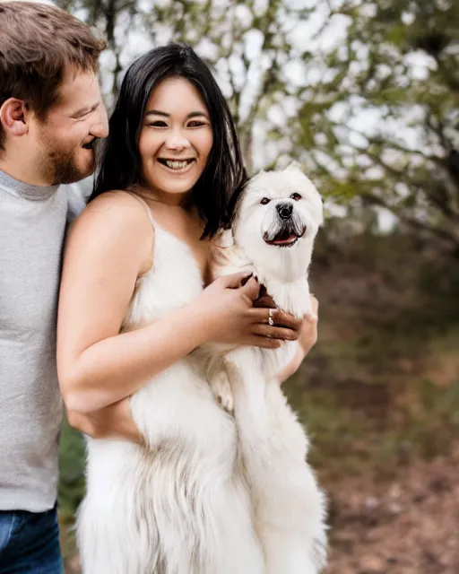 Prompt: An extremely wholesome studio portrait of a happy young couple with their dog, bokeh, 90mm, f/1.4