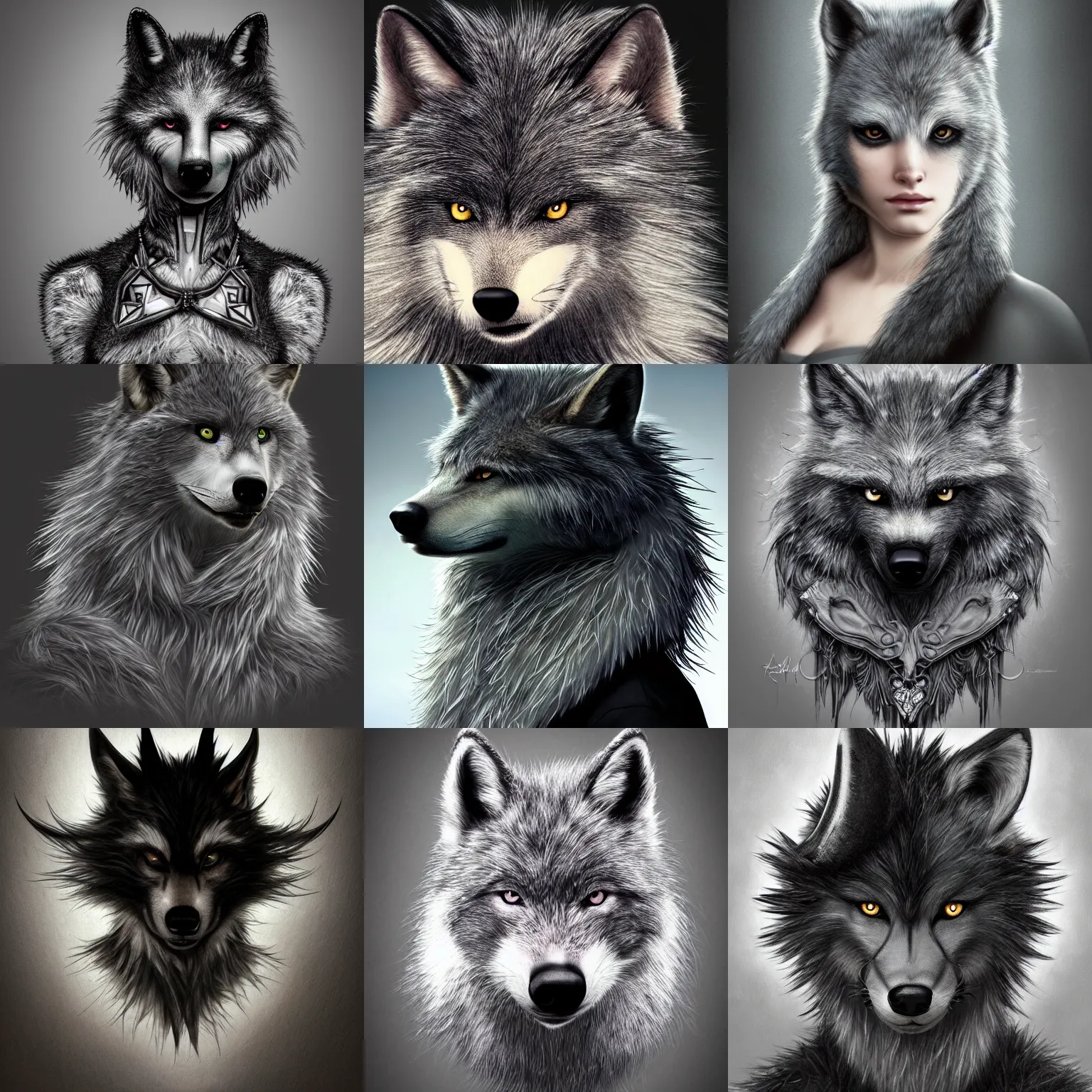 Image similar to a photograpic portrait of a anthropomorphic grey furry wolf wearing casual black clothes, black spikey hair, grey skin, floppy ears, furry character, fursona, fantasy, intricate, elegant, highly detailed, digital painting, artstation, smooth, sharp focus, illustration, art by artgerm and H R Giger and alphonse mucha