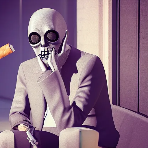 Image similar to Slenderman smoking a cigarre and talking with a grumpy Old Man, Superrealistc, 4k, HD, Unreal Engine, Raytracing, Photorealistic