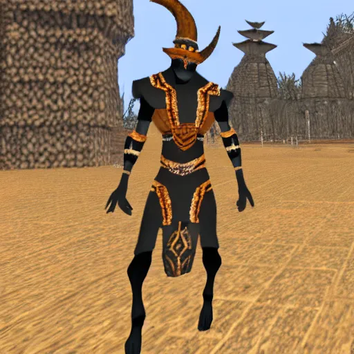 Prompt: an anthropomorphic black goat wizard in morrowind, screenshot