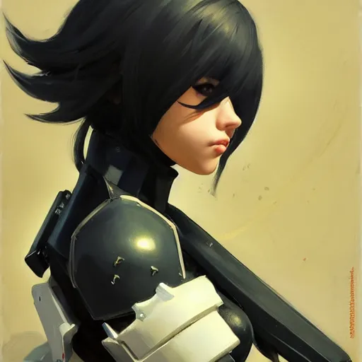 Image similar to greg manchess portrait painting of yorha type a no. 2 as overwatch character, medium shot, asymmetrical, profile picture, organic painting, sunny day, matte painting, bold shapes, hard edges, street art, trending on artstation, by huang guangjian and gil elvgren and sachin teng