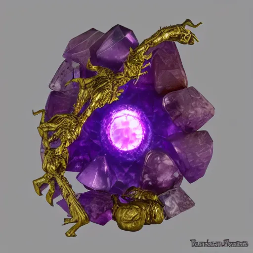 Prompt: zergling from the dark crystal wearing golden talismans and amethyst crystals. evil cinematic undertones. diffuse volumetric lighting.