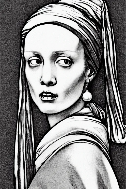 Image similar to beautiful portrait of a woman, negative no not the girl with a pearl earring, highly detailed ink illustration, b & w clean shaped illustration by kim jung gi, ric estrada, ron english and eiichiro oda