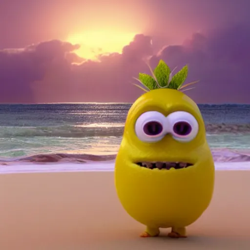 Image similar to 3 d octane render, of a hot anthropomorphic lemon female character inspired by the movie monsters inc, with lemon skin texture, she is wearing a hat, building a sandcastle on the beach at sunset, beach, huge waves, sun, clouds, long violet and green trees, rim light, cinematic photography, professional, sand, sandcastle, volumetric lightening