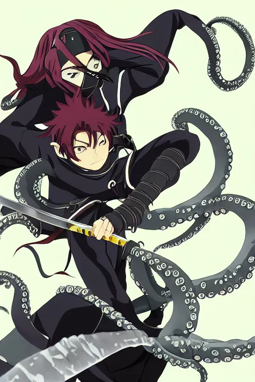 Prompt: key anime visuals of an octopus ninja, dressed as a ninja and fighting with a katana. highly detailed, intricate, directed by makoto shinkai, anime manga style, trending on art station.