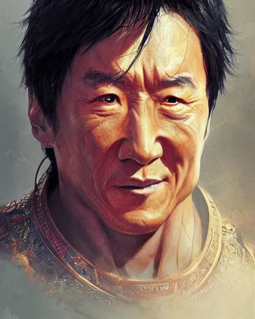 Image similar to a portrait of jackie chan in the style of a [ qin empire ] warrior!, art by greg rutkowski and artgerma, stunning! concept art, character design