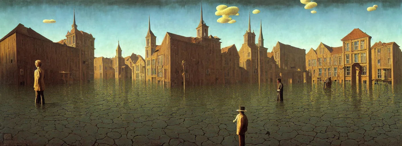 Prompt: flooded! old wooden empty cursed city square, very coherent and colorful high contrast masterpiece by franz sedlacek rene magritte gediminas pranckevicius norman rockwell, full - length view, dark shadows, sunny day, hard lighting, reference sheet white background