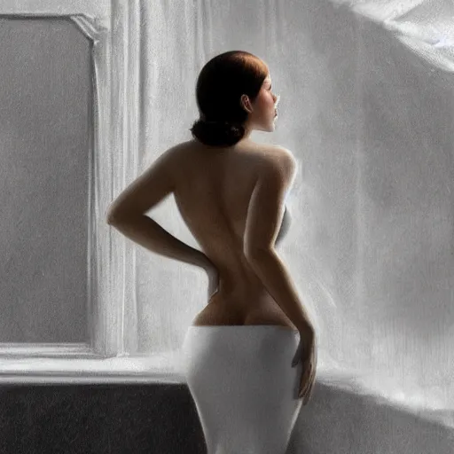 Prompt: a beautiful woman in an elegant see-thru white dress, wearing a black bikini underneath, 1920s, by Ilya Repin and artgerm, artstation, photorealistic, 8k octane render