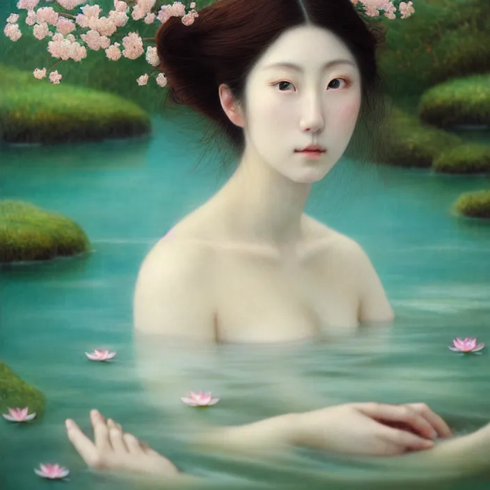 Image similar to Kodak Portra 400, 8K, soft light, volumetric lighting, highly detailed, Rena Nounen style 3/4 ,portrait photo of a Japanese beautiful female how pre-Raphaelites painter, the face emerges from the water of Pamukkale with lotus flowers, inspired by Ophelia paint , a beautiful chic dress and hair are intricate with highly detailed realistic beautiful flowers , Realistic, Refined, Highly Detailed, natural outdoor soft pastel lighting colors scheme, outdoor fine art photography, Hyper realistic, photo realistic