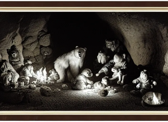 Image similar to Pieter Claesz's 'bear and her cubs sleeping in a dark cave lit by campfire', night time, cross hatching, framed