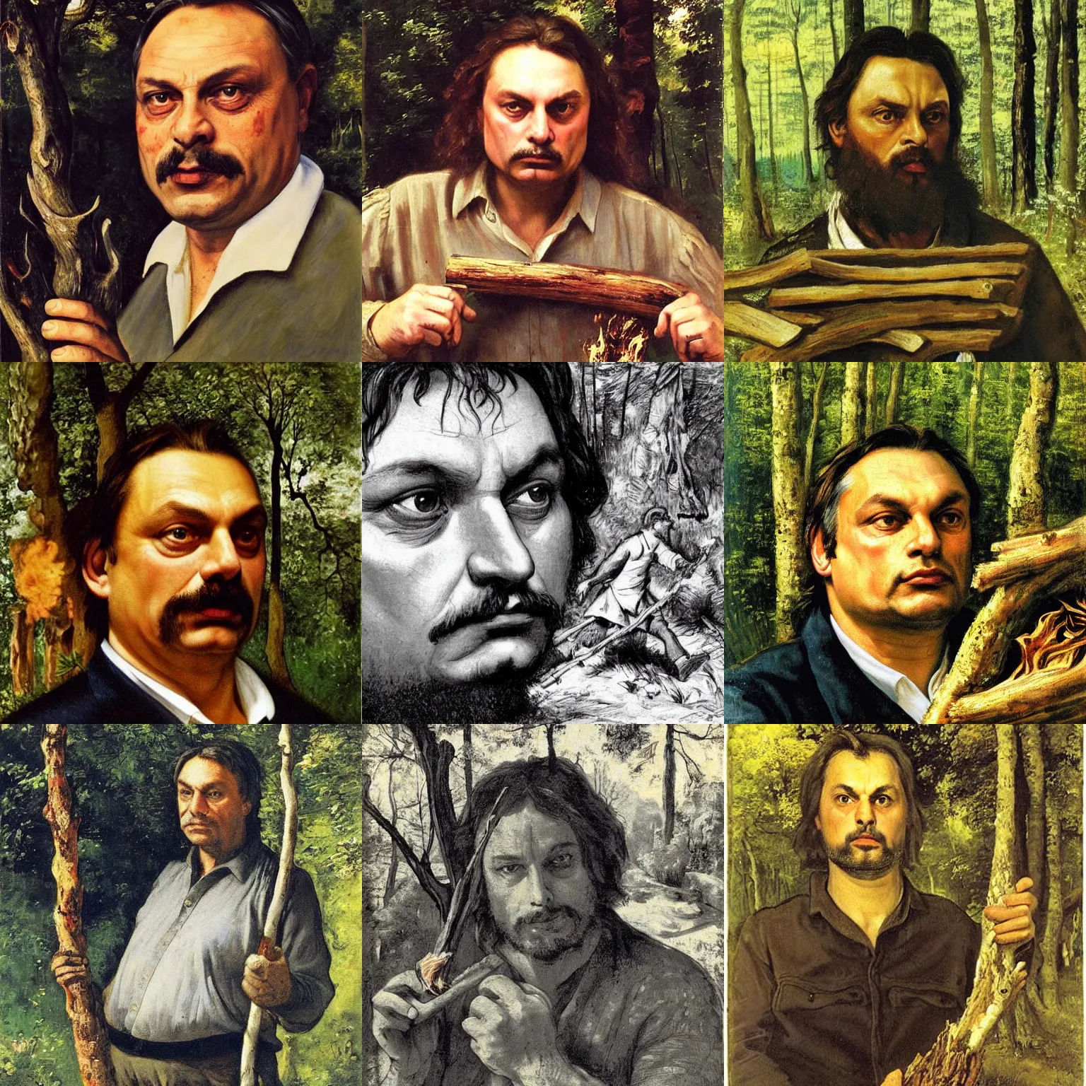 Prompt: viktor orban in a forest, highly detailed face, holding a burning wood piece, by gustave courbet