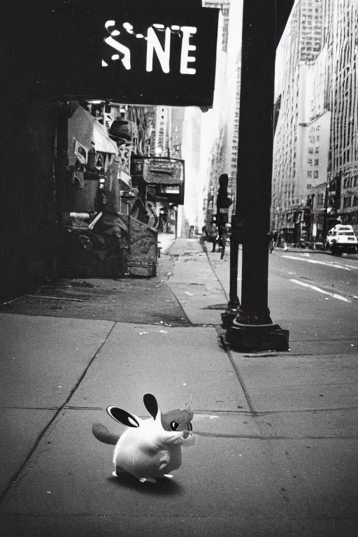 Image similar to photo polaroid of a raichu in the middle of a New York street, loneliness, war, black and white ,photorealistic, 35mm film,