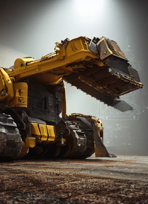 Prompt: a photorealistic dramatic hyperrealistic render of a futuristic caterpillar exosuit power dozer heavy machinery, ultra realistic details, glossy yellow, well worn, rust, oil stains by vitaly bulgarov and mike nash, beautiful dramatic dark moody tones and lighting, cinematic atmosphere, studio lighting, global illumination, shadows, dark background, octane render, 8 k