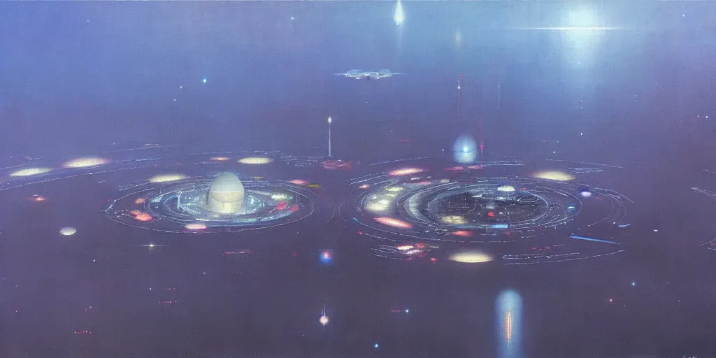 Image similar to a painting of low earth orbit space city by john harris. 8 k, ultra clear detailed.