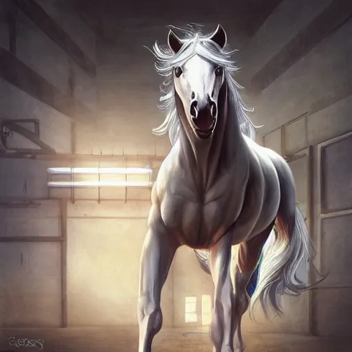 Image similar to an enormously muscular anthro horse in a research facility wearing a skintight body armor, exaggerated physique, long white mane, equine, anthro art, furaffinity, highly detailed, digital painting, artstation, concept art, illustration, art by artgerm, greg rutkowski, ruan jia