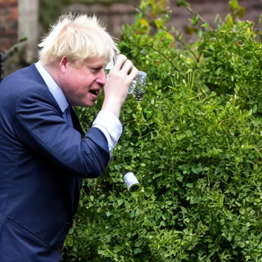 Image similar to Telephoto creepshot over a hedge of Boris Johnson drinking a beer in a garden