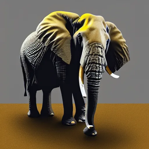 Image similar to a 1 bit grpahical render of an elephant with a golden sword in the background, 1 bit image.