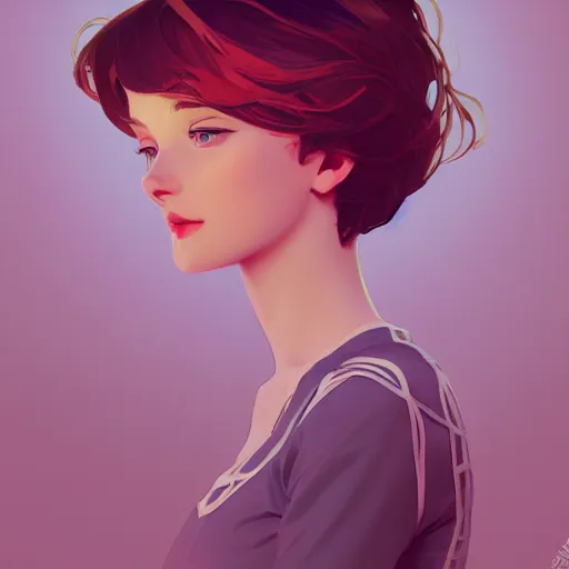 Image similar to a sweet beautiful girl, she is looking at the camera, she is smirking, ambient lighting, 4 k, lois van baarle, ilya kuvshinov, rossdraws, alphonse mucha, jung gi kim, artstation