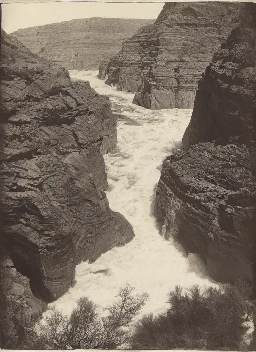Prompt: Photograph of rushing water at the bottom of a Canyon, huge cliffs, sparse desert vegetation, albumen silver print, Smithsonian American Art Museum