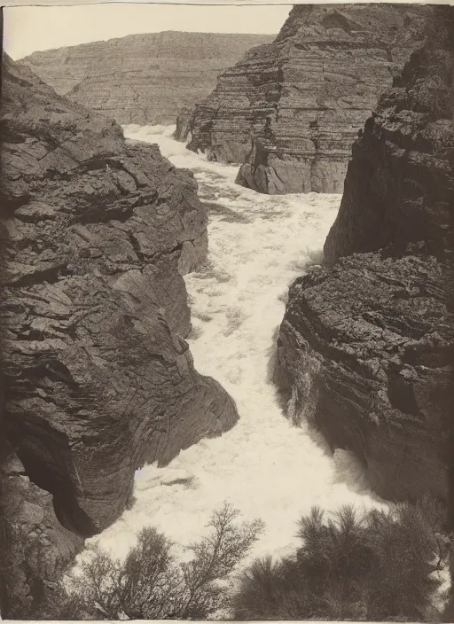 Image similar to Photograph of rushing water at the bottom of a Canyon, huge cliffs, sparse desert vegetation, albumen silver print, Smithsonian American Art Museum