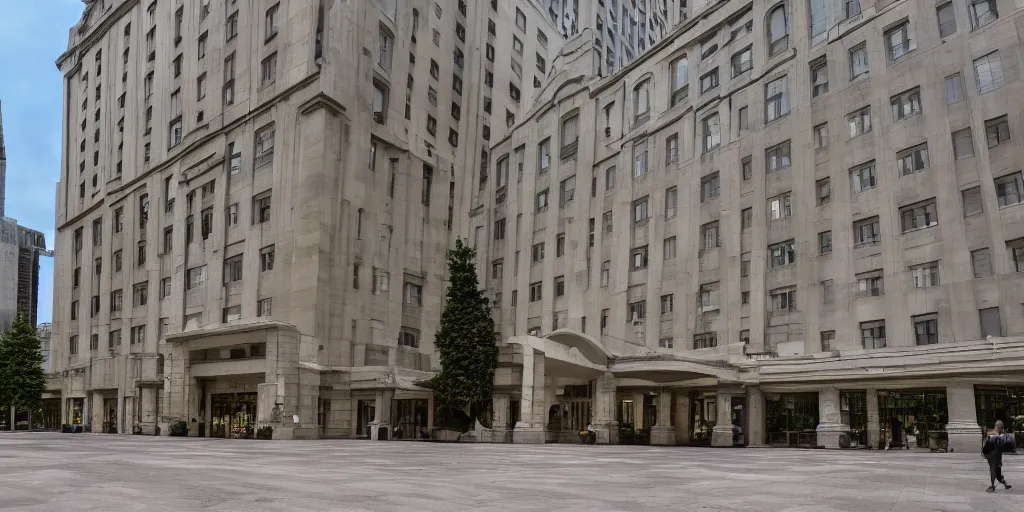 Image similar to outside the waldorf astoria main entrance, wide angle lens, high quality, architectural photoshoot