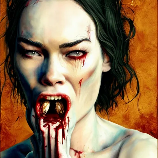 Image similar to color head portrait of lena headey eating a banana as a zombie, 7 days to die zombie, gritty background, fine art, award winning, intricate, elegant, sharp focus, cinematic lighting, digital painting, 8 k concept art, art by michael hussar, art by brom, art by guweiz and z. w. gu, 8 k