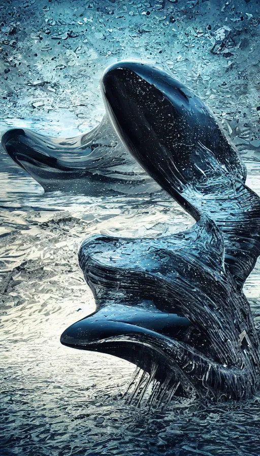 Image similar to color pentax photograph of a biomechanical orca spirit emerging from the sea, made up of bits of plastic and skin and metal, shiny, wet, made of nanomaterials, metallic, solarpunk, post apocalyptic, hyper realistic, epic angle, octane render, unreal engine render, 8k, super detailed, SLEEK!!