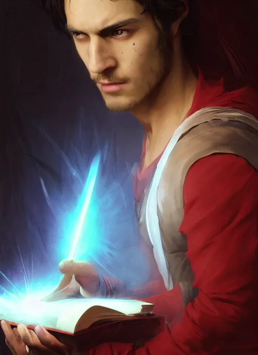 Image similar to character concept portrait of an attractive young Spanish wizard with red skin conjuring a laser spell, a floating iridescent spell book in the center, intricate, elegant, digital painting, concept art, smooth, sharp focus, illustration, from Metal Gear, by Ruan Jia and Mandy Jurgens and William-Adolphe Bouguereau, Artgerm