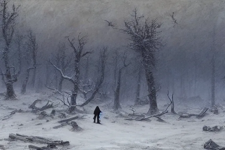 Image similar to A cloaked wanderer walking by the burnt husk of a cabin in a snowy landscape, matte oil painting, fantasy, exquisitely detailed, gothic, by Caspar David Friedrich and Makoto Shinkai