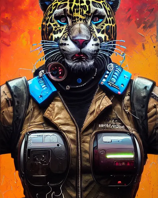 Image similar to a portrait of an anthropomorphic cyberpunk jaguar by sandra chevrier, by jon foster, detailed render, tape deck, epic composition, cybernetics, 4 k realistic, cryengine, realistic shaded lighting, sharp focus, masterpiece, by enki bilal